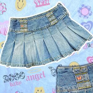 Y2K Aeropostale Pleated Denim Mini Skirt Butterfly Logo High Waist SZ 1/2 XS